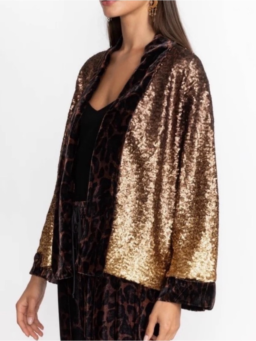 NWT Johnny Was Gold Sequin Open-Front Jacket with Brown Velvet Trim size XS
